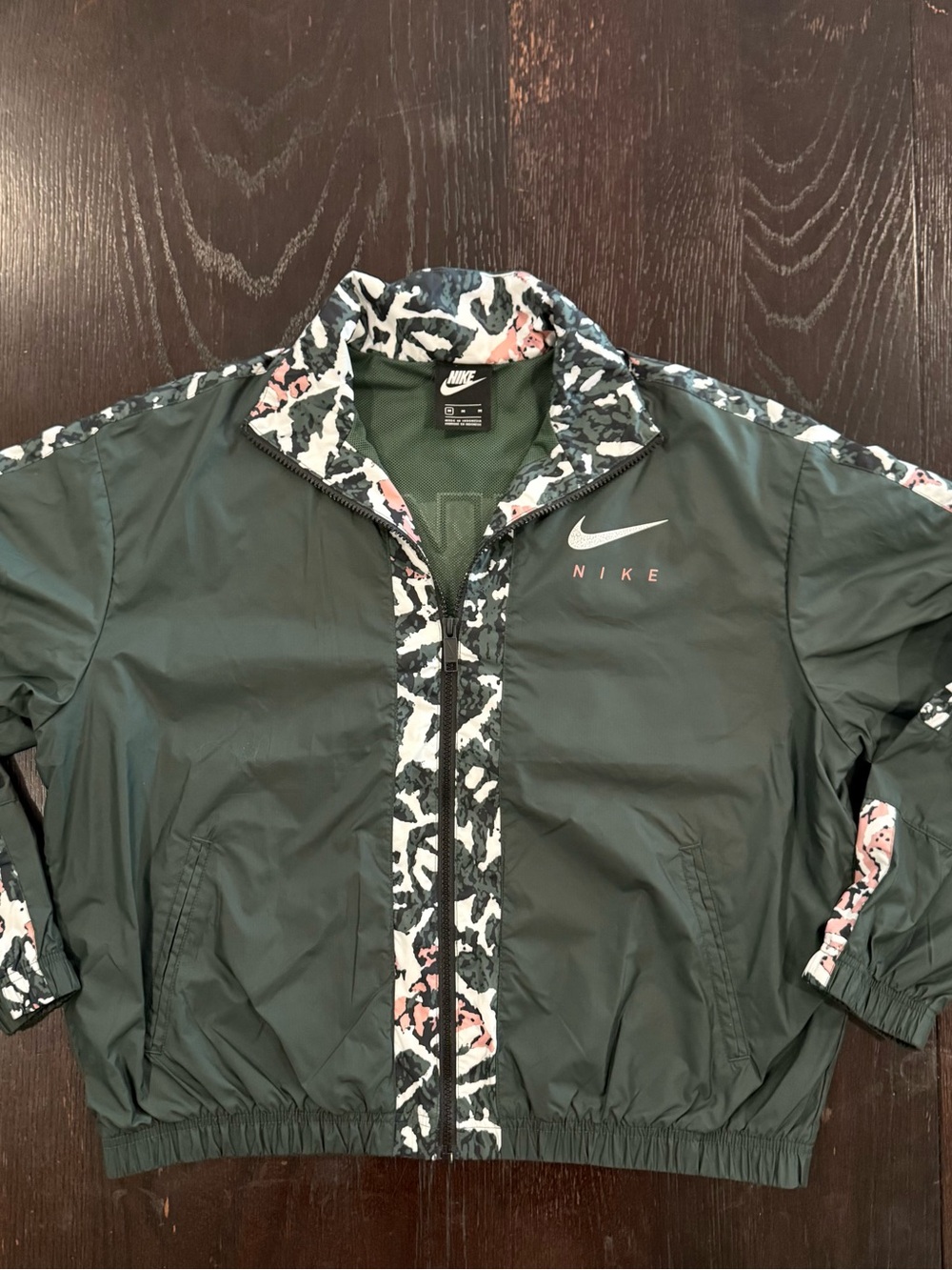 Nike Women's Olive Green Windbreaker Jacket with Pink & White Accent Trim